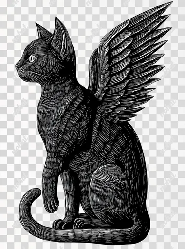 Cat with wings, standing, side picture. Vector in black and white, woodcut style, occult, dark. Perfect for t-shirt. White background.