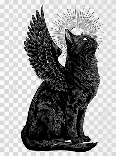 Cat with wings, standing, side picture. Vector in black and white, woodcut style, occult, dark. Perfect for t-shirt. White background.