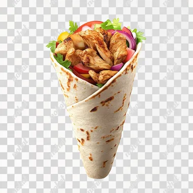 generate a chicken shawarma standing photo hyper realistic with white backgroud
