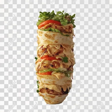 generate a chicken shawarma standing photo hyper realistic with white backgroud