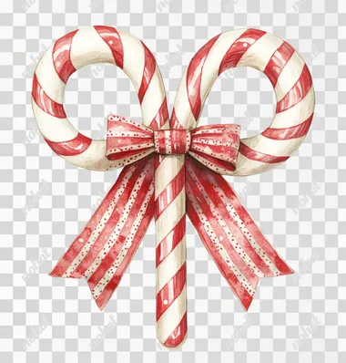 Candy cane-red and white-striped large sides separated bow, Christmas vintage illustration on a white background in the style of Mab Graves' watercolor collage, with whimsical elements, cutout print, folk-inspired, and hand-painted details.