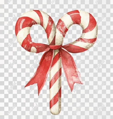 Candy cane-red and white-striped large sides separated bow, Christmas vintage illustration on a white background in the style of Mab Graves' watercolor collage, with whimsical elements, cutout print, folk-inspired, and hand-painted details.