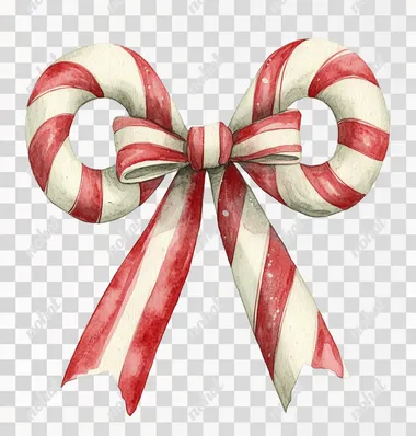 Candy cane-red and white-striped large sides separated bow, Christmas vintage illustration on a white background in the style of Mab Graves' watercolor collage, with whimsical elements, cutout print, folk-inspired, and hand-painted details.