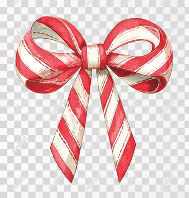 Candy cane-red and white-striped large sides separated bow, Christmas vintage illustration on a white background in the style of Mab Graves' watercolor collage, with whimsical elements, cutout print, folk-inspired, and hand-painted details.