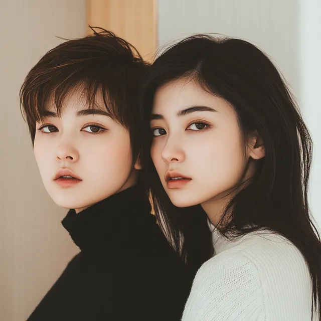 Two Chinese women posing back-to-back in a stylish urban setting