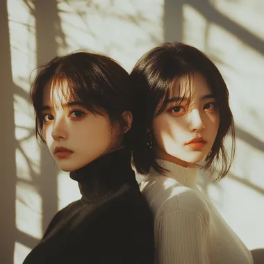 Photo of two Chinese women stand against each other, back to back. One of them has short brown hair, her hair length is like a young boy. She has a small but nice looking nose. She also wears a Black Cashmere Turtleneck Sweater, she has a serious but cute face, and she's looking at the camera. Another women has long black hair, ans she's taller, also a tender smile on her face, she wears nice white shirt and she's smiling, ans she's not looking at the camera. They look like good friends. Clean background, shot in F2 and ISO400 in Canon EOS R5. soft natural and warmlight, color photography for fashion magazine style. The camera angle is close-up shot, Dappled sunlight