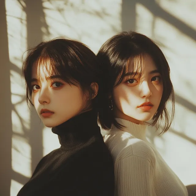 Two Chinese women in casual fashion, friends in warm sunlight portrait