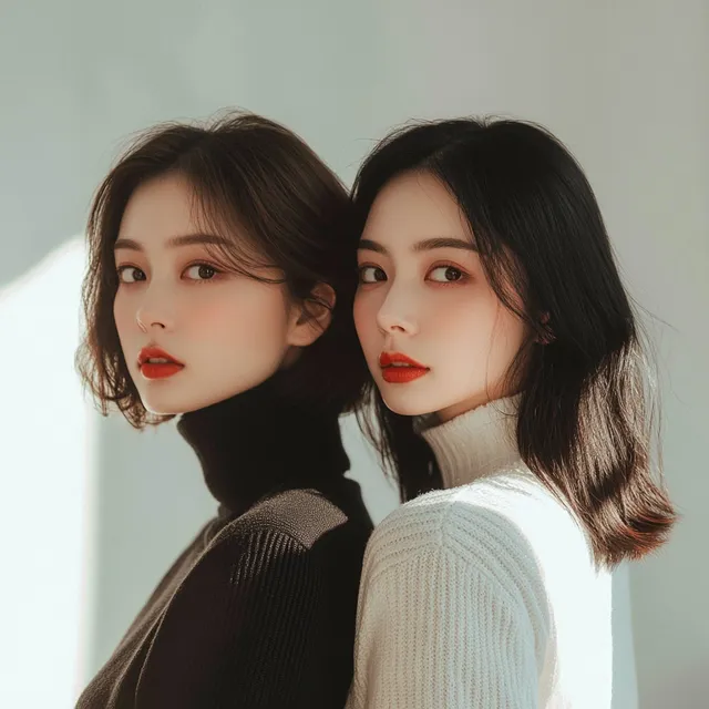 Young Chinese women pose back-to-back in fashion photography shoot