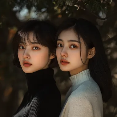 Photo of two Chinese women stand against each other, back to back. One of them has short brown hair, her hair length is like a young boy. She has a small but nice looking nose. She also wears a Black Cashmere Turtleneck Sweater, she has a serious but cute face, and she's looking at the camera. Another women has long black hair, ans she's taller, also a tender smile on her face, she wears nice white shirt and she's smiling, ans she's not looking at the camera. They look like good friends. Clean background, shot in F2 and ISO400 in Canon EOS R5. soft natural and warmlight, color photography for fashion magazine style. The camera angle is close-up shot, Dappled sunlight