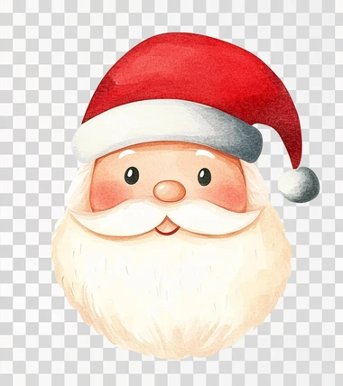 Minimalist watercolor vector illustration of a Santa Claus head, white background, simple shapes, cute and whimsical design style, children's book art.
