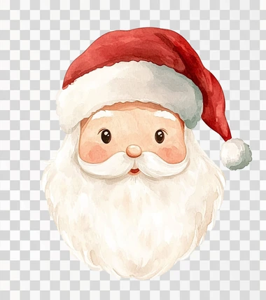 Minimalist watercolor vector illustration of a Santa Claus head, white background, simple shapes, cute and whimsical design style, children's book art.