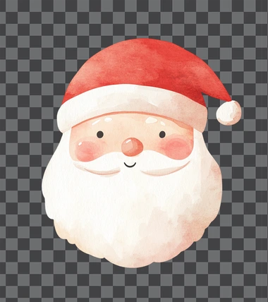 Minimalist watercolor vector illustration of a Santa Claus head, white background, simple shapes, cute and whimsical design style, children's book art.