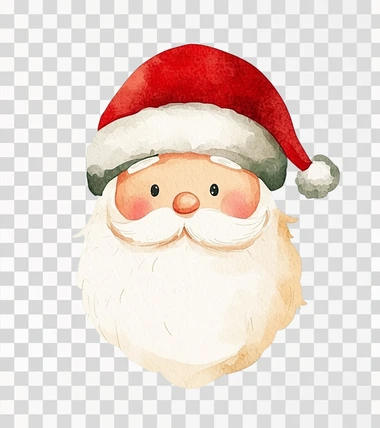 Minimalist watercolor vector illustration of a Santa Claus head, white background, simple shapes, cute and whimsical design style, children's book art.