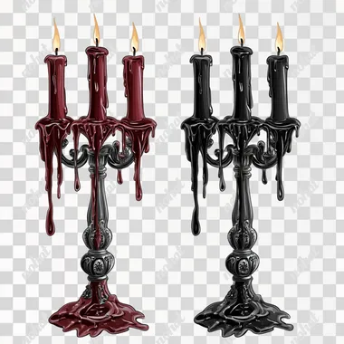 clip art isolated on a white background, gothic candelabras, with melting wax dripping from black and maroon candles