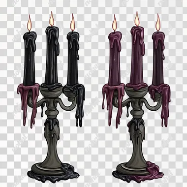 clip art isolated on a white background, gothic candelabras, with melting wax dripping from black and maroon candles