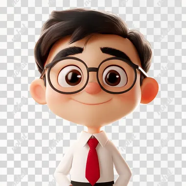 Create a cartoon-style character that represents a lawyer. The character should wear a crisp white shirt and a striking red tie, symbolizing professionalism and confidence. The character has a friendly and approachable demeanor, with large, expressive eyes that convey intelligence and attentiveness. A small, simple nose and a wide, welcoming smile enhance the character's appeal. The character should have short, cartoonish arms and legs, dressed in a smart suit to complete the professional look. The overall posture suggests readiness to assist and a trustworthy nature, embodying the qualities of a reliable legal advisor. This character should be memorable and engaging, appealing to a wide audience while effectively representing the values of professionalism and support.