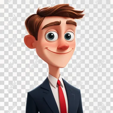 Create a cartoon-style character that represents a lawyer. The character should wear a crisp white shirt and a striking red tie, symbolizing professionalism and confidence. The character has a friendly and approachable demeanor, with large, expressive eyes that convey intelligence and attentiveness. A small, simple nose and a wide, welcoming smile enhance the character's appeal. The character should have short, cartoonish arms and legs, dressed in a smart suit to complete the professional look. The overall posture suggests readiness to assist and a trustworthy nature, embodying the qualities of a reliable legal advisor. This character should be memorable and engaging, appealing to a wide audience while effectively representing the values of professionalism and support.