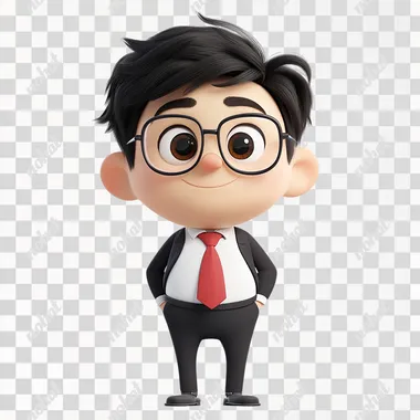 Create a cartoon-style character that represents a lawyer. The character should wear a crisp white shirt and a striking red tie, symbolizing professionalism and confidence. The character has a friendly and approachable demeanor, with large, expressive eyes that convey intelligence and attentiveness. A small, simple nose and a wide, welcoming smile enhance the character's appeal. The character should have short, cartoonish arms and legs, dressed in a smart suit to complete the professional look. The overall posture suggests readiness to assist and a trustworthy nature, embodying the qualities of a reliable legal advisor. This character should be memorable and engaging, appealing to a wide audience while effectively representing the values of professionalism and support.