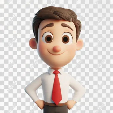 Create a cartoon-style character that represents a lawyer. The character should wear a crisp white shirt and a striking red tie, symbolizing professionalism and confidence. The character has a friendly and approachable demeanor, with large, expressive eyes that convey intelligence and attentiveness. A small, simple nose and a wide, welcoming smile enhance the character's appeal. The character should have short, cartoonish arms and legs, dressed in a smart suit to complete the professional look. The overall posture suggests readiness to assist and a trustworthy nature, embodying the qualities of a reliable legal advisor. This character should be memorable and engaging, appealing to a wide audience while effectively representing the values of professionalism and support.