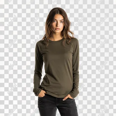 European and American female model, wearing a round-neck khaki raglan sleeve top, the fabric is coarsely ribbed and tight without wrinkles, the hem is tucked into the pants, and it is a slim fit. Paired with slim jeans, standing in front of the natural movement. The background is pure white.