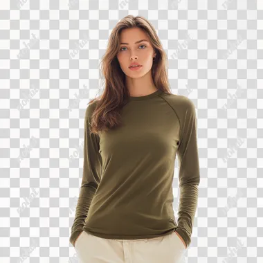 European and American female model, wearing a round-neck khaki raglan sleeve top, the fabric is coarsely ribbed and tight without wrinkles, the hem is tucked into the pants, and it is a slim fit. Paired with slim jeans, standing in front of the natural movement. The background is pure white.
