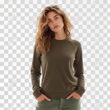 European and American female model, wearing a round-neck khaki raglan sleeve top, the fabric is coarsely ribbed and tight without wrinkles, the hem is tucked into the pants, and it is a slim fit. Paired with slim jeans, standing in front of the natural movement. The background is pure white.