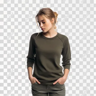 European and American female model, wearing a round-neck khaki raglan sleeve top, the fabric is coarsely ribbed and tight without wrinkles, the hem is tucked into the pants, and it is a slim fit. Paired with slim jeans, standing in front of the natural movement. The background is pure white.