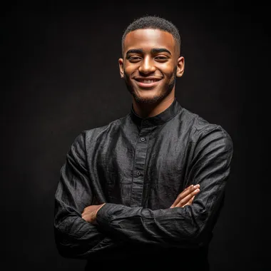happy young man looking at front wearing shirt with hands crossed and solid black as the background