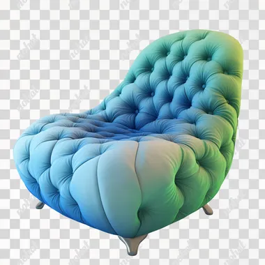 3d render of blue and green gradient chair, rich bright colour, matte texture, tufted fabric, irregular shaped chair. modern, stylish design, white background.High detail, high quality, high texture detail