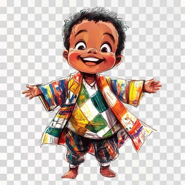 an illustration of a very happy little malagasy boy, 3 years old, wearing his beautiful malabary (malagasy traditional clothe)