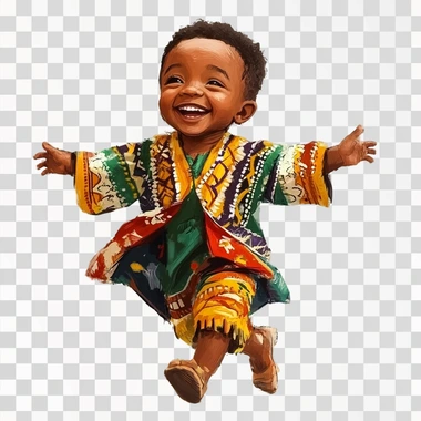 an illustration of a very happy little malagasy boy, 3 years old, wearing his beautiful malabary (malagasy traditional clothe)