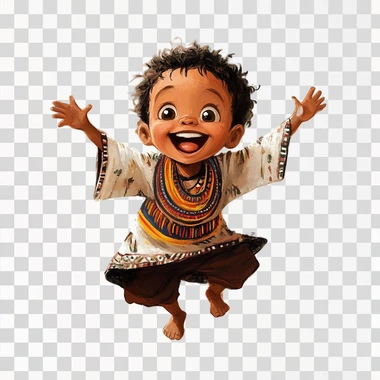 an illustration of a very happy little malagasy boy, 3 years old, wearing his beautiful malabary (malagasy traditional clothe)