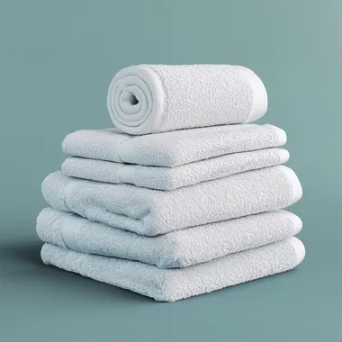a stack of towels with a towel roll on top. I want isometric angle shot, i want hyper-realistic Canon EOS photography