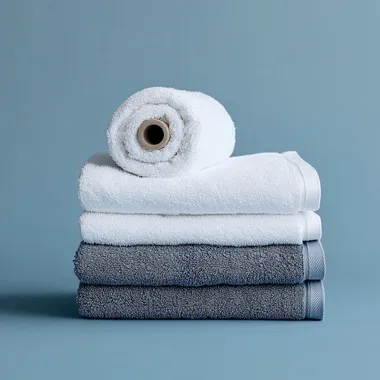a stack of towels with a towel roll on top. I want isometric angle shot, i want hyper-realistic Canon EOS photography