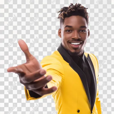 realistic photo of a young black man with his hand open stretched out palm up. Because of perspective his hand is big and close to the camera. The rest of is body is smaller. He is excited and smiling. He is about 20 years. he is in a yellow and black outfit that is a mixture of a tuxedo and urban fashion. Isolated white background