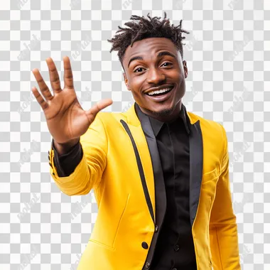 realistic photo of a young black man with his hand open stretched out palm up. Because of perspective his hand is big and close to the camera. The rest of is body is smaller. He is excited and smiling. He is about 20 years. he is in a yellow and black outfit that is a mixture of a tuxedo and urban fashion. Isolated white background