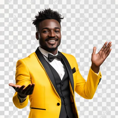 realistic photo of a young black man with his hand open stretched out palm up. Because of perspective his hand is big and close to the camera. The rest of is body is smaller. He is excited and smiling. He is about 20 years. he is in a yellow and black outfit that is a mixture of a tuxedo and urban fashion. Isolated white background