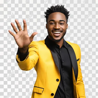 realistic photo of a young black man with his hand open stretched out palm up. Because of perspective his hand is big and close to the camera. The rest of is body is smaller. He is excited and smiling. He is about 20 years. he is in a yellow and black outfit that is a mixture of a tuxedo and urban fashion. Isolated white background