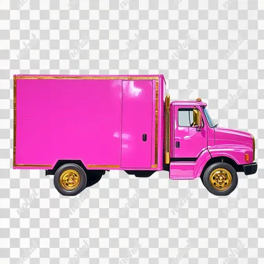hot pink delivery truck, with gold accents, white backgrounfd