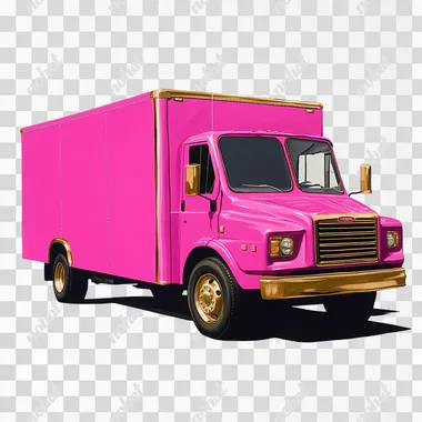 hot pink delivery truck, with gold accents, white backgrounfd