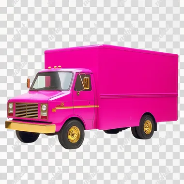 hot pink delivery truck, with gold accents, white backgrounfd