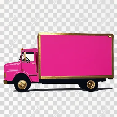 hot pink delivery truck, with gold accents, white backgrounfd