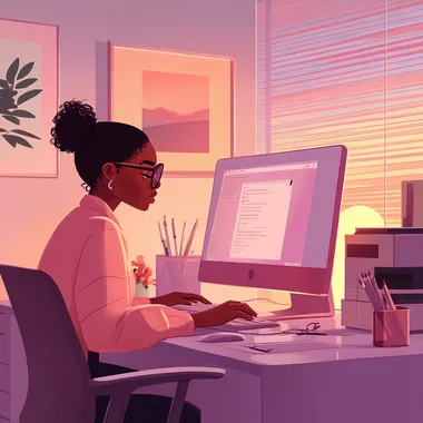 a photo business office of a computer and desk with a imac computer, a printer, stationery items and a melanin girl in glasses reading her emails, use the colors mauve, lightest pink and chocolate brown, ensure the view of the office is in full
