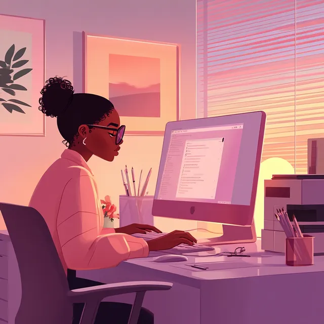 Melanin Girl in Glasses at Desk Reading Emails in Stylish Office Space