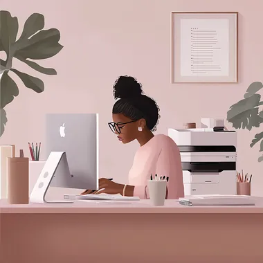 a photo business office of a computer and desk with a imac computer, a printer, stationery items and a melanin girl in glasses reading her emails, use the colors mauve, lightest pink and chocolate brown, ensure the view of the office is in full