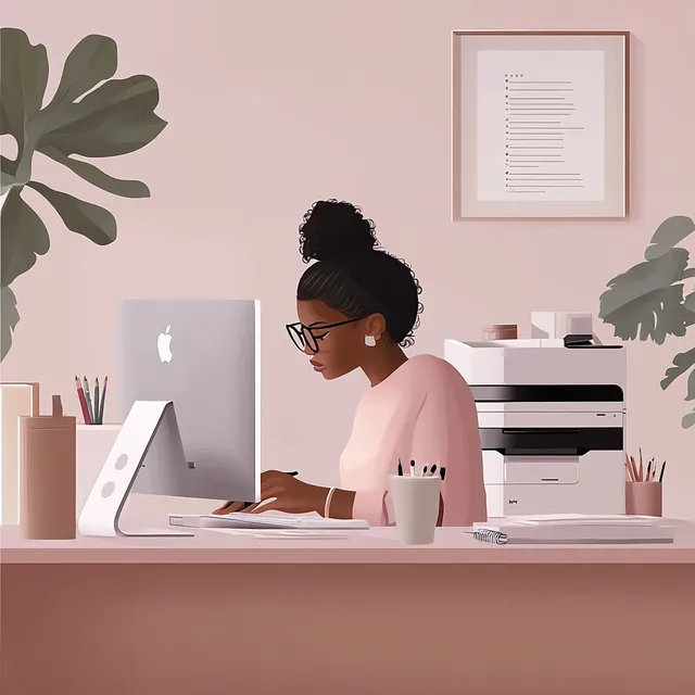 Melanin girl in glasses at mauve desk using iMac in stylish office