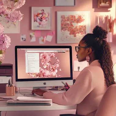 a photo business office of a computer and desk with a imac computer, a printer, stationery items and a melanin girl in glasses reading her emails, use the colors mauve, lightest pink and chocolate brown, ensure the view of the office is in full