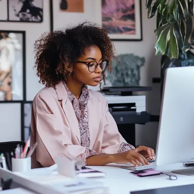 a photo business office of a computer and desk with a imac computer, a printer, stationery items and a melanin girl in glasses reading her emails, use the colors mauve, lightest pink and chocolate brown, ensure the view of the office is in full