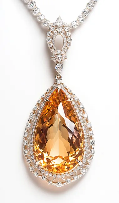 A large, pear-shaped yellow bejeweled stone set in an intricate diamond necklace around the neck of a white gold pendant with small diamonds surrounding it. The bejeweled citrine stones on the top and bottom have a smooth oval shape and rough skin texture. White background.    e5o8miv