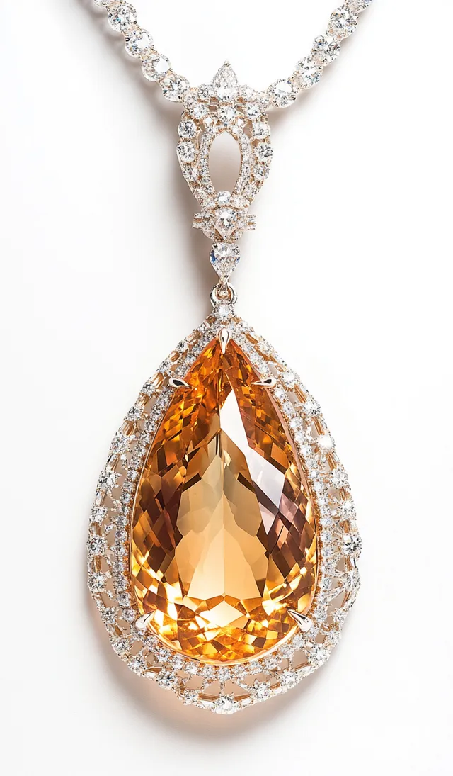Orange and white gemstone necklace with intricate diamond design